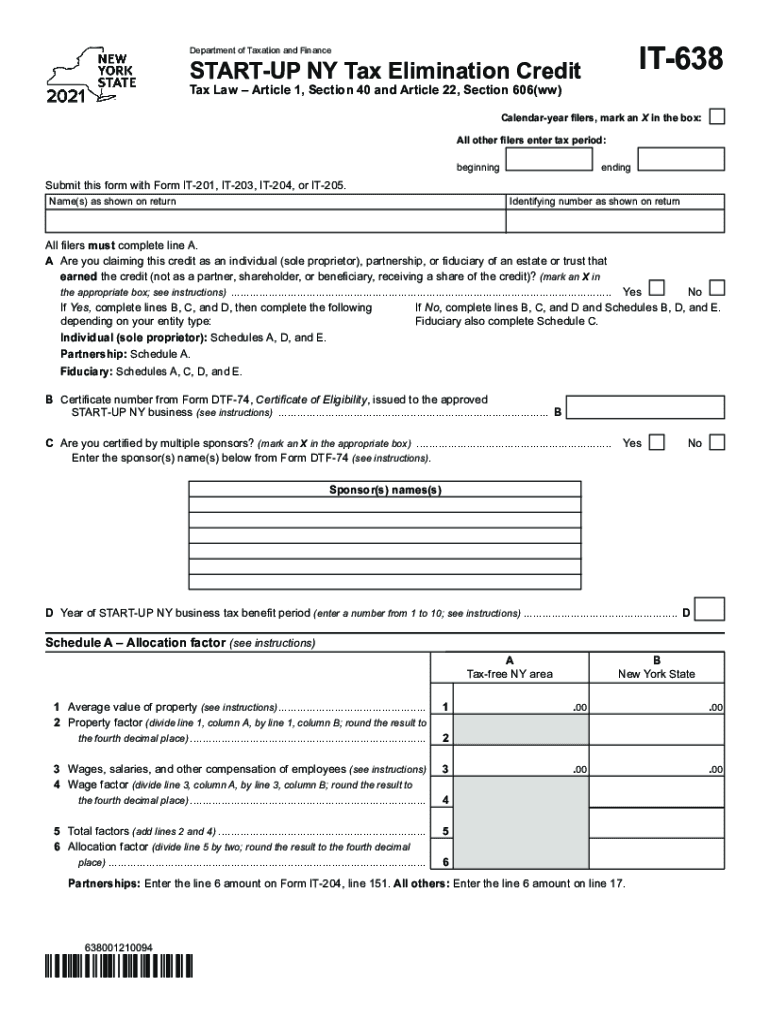 Printable New York Form it 638 START UP NY Tax Elimination