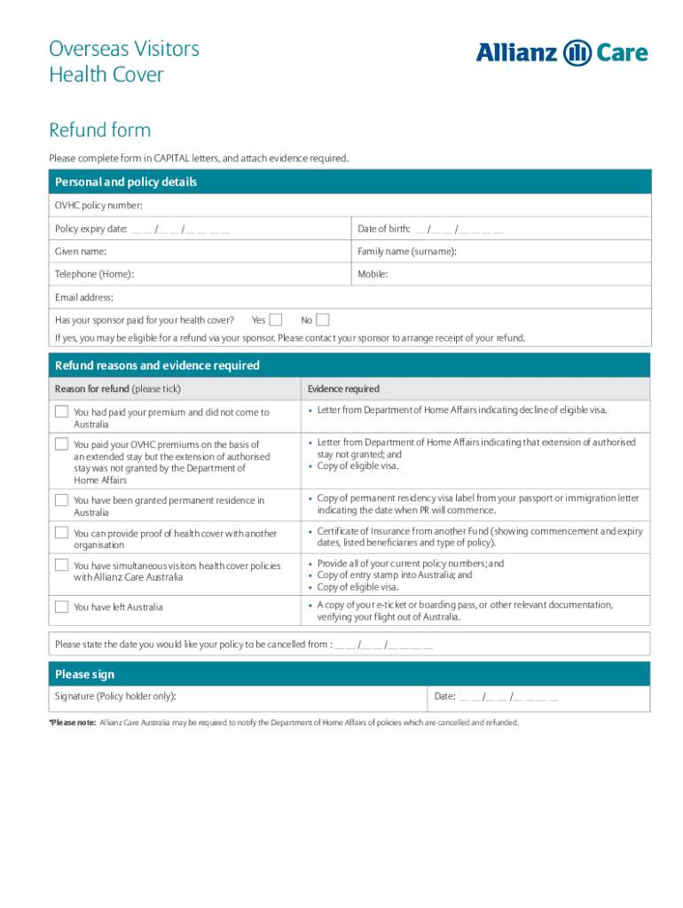 Refund Form Allianz Global Assistance OSHC Fill and