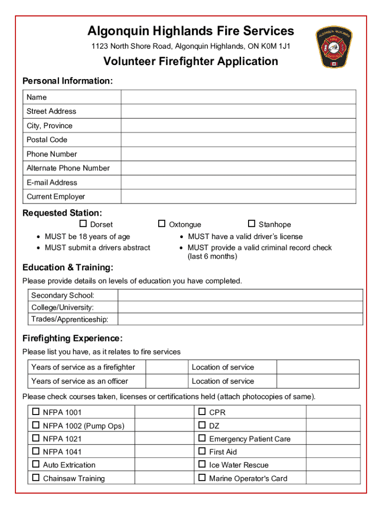 Township of Algoqnuin Highlands Fire Service Volunteer Application  Form