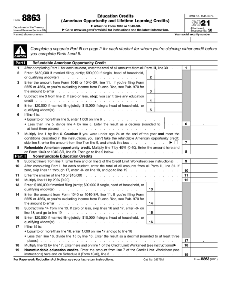  F8863 PDF Form 8863 Department of the Treasury Internal 2021