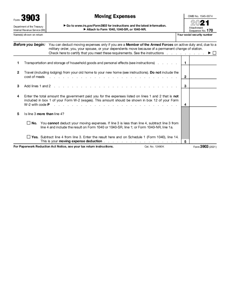  3903 Form 3903 Moving Expenses Department of the Treasury 2021