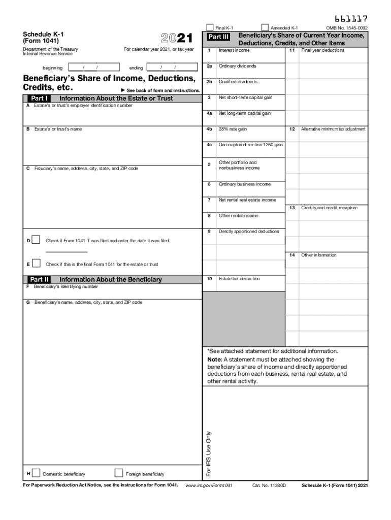  Form IRS 1041 Schedule K 1 Fill Online, Printable 2021