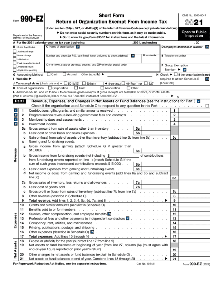  Form 990 EZ Short Form Return of Organization Exempt from Income Tax 2021