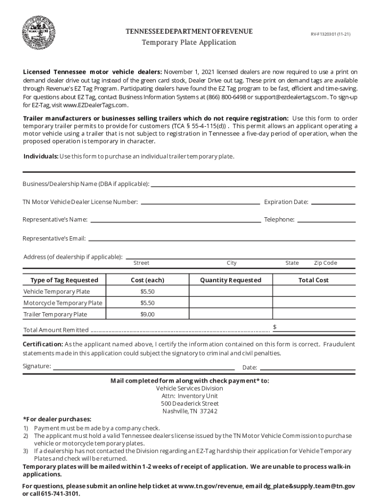  Tennessee Temporary Motor Vehicle Liens 2021-2024