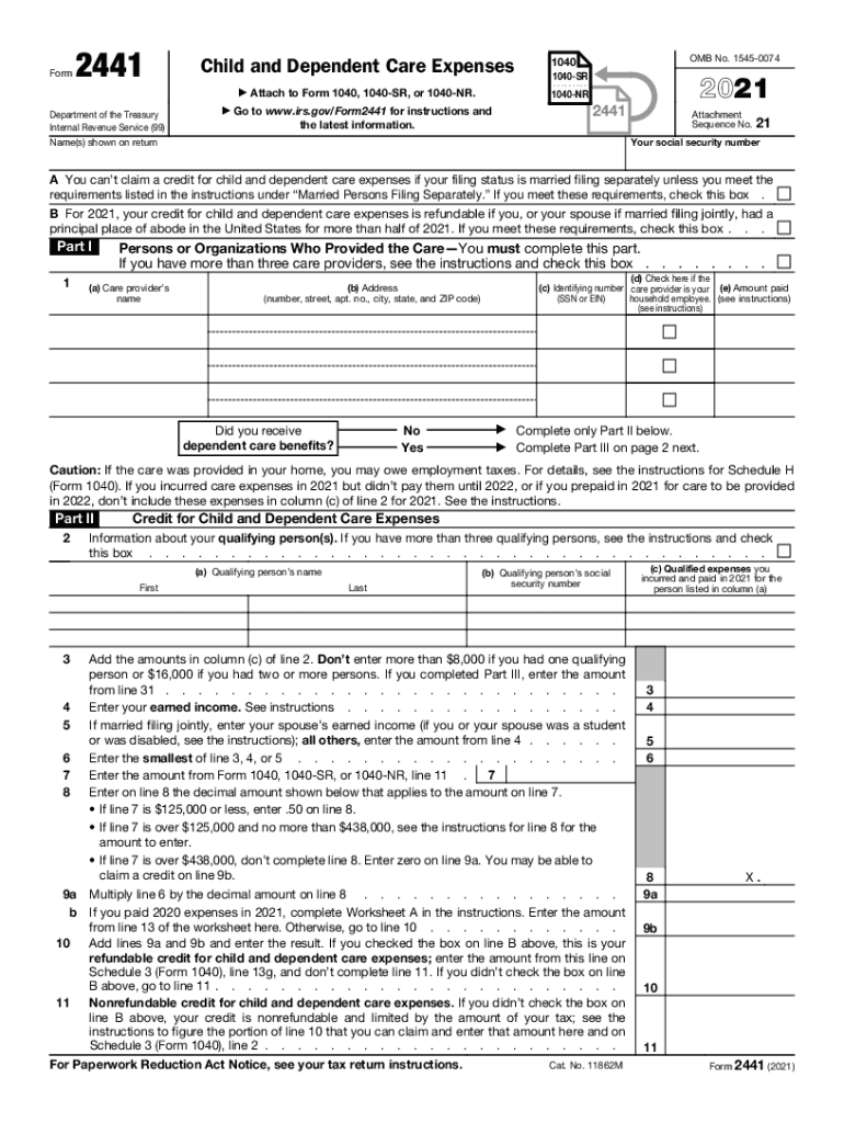 Instructions for Form 2441 Internal Revenue Service 2021