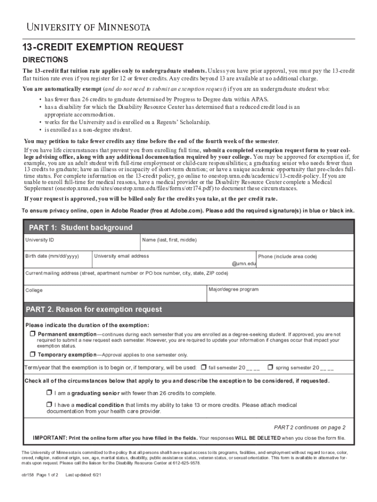 13 Credit Exemption RequestAcademic TermDisability  Form