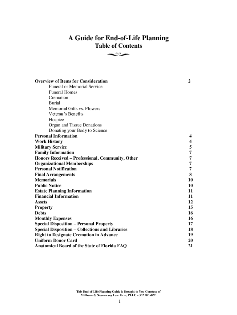 Fillable Online End of Life Planning Guide Millhorn &amp;amp;amp  Form