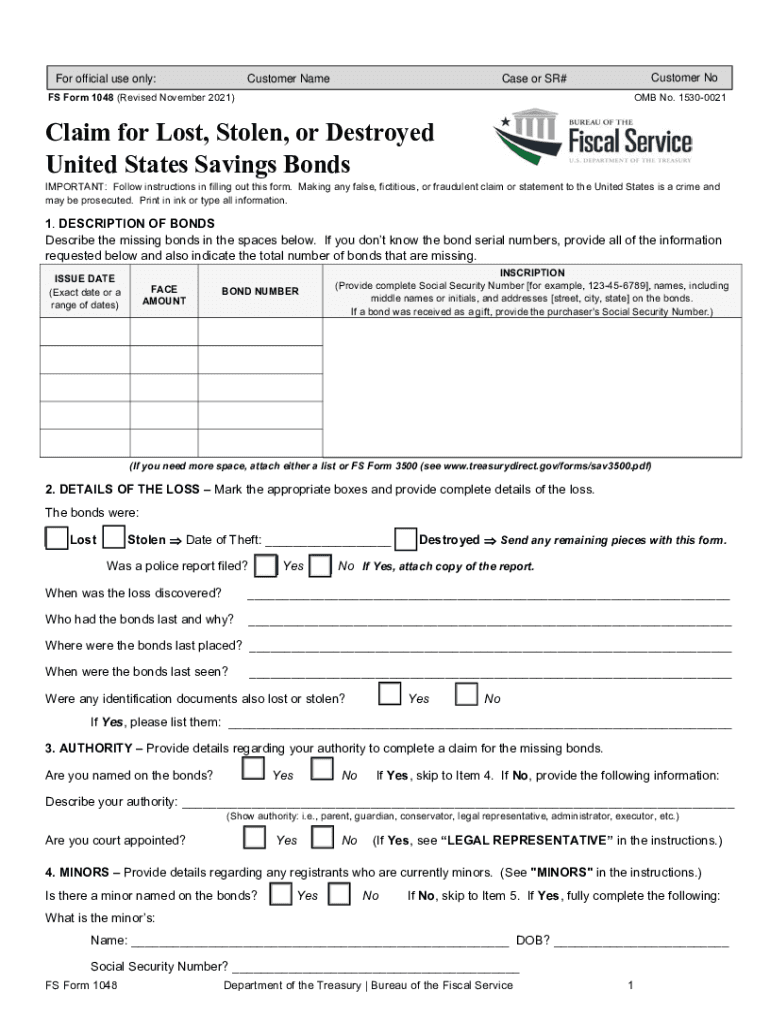 FS Form 1048 Claim for Lost, Stolen, or TreasuryDirect