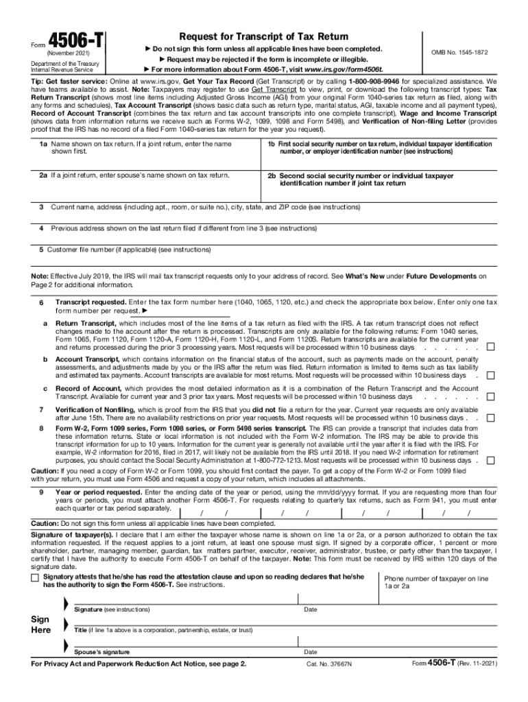  Form 4506 T Rev 11 Request for Transcript of Tax Return 2021