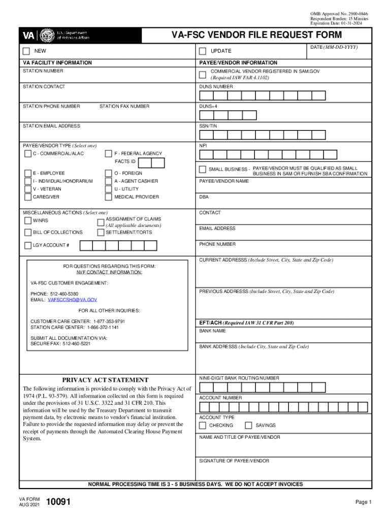 VA Form 10091, VA FSC VENDOR FILE REQUEST FORM FSC, VENDOR, FILE, 10091