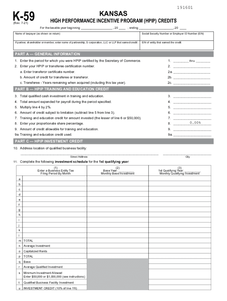  Fillable Online K 59 Kansas High Performance Incentive 2021