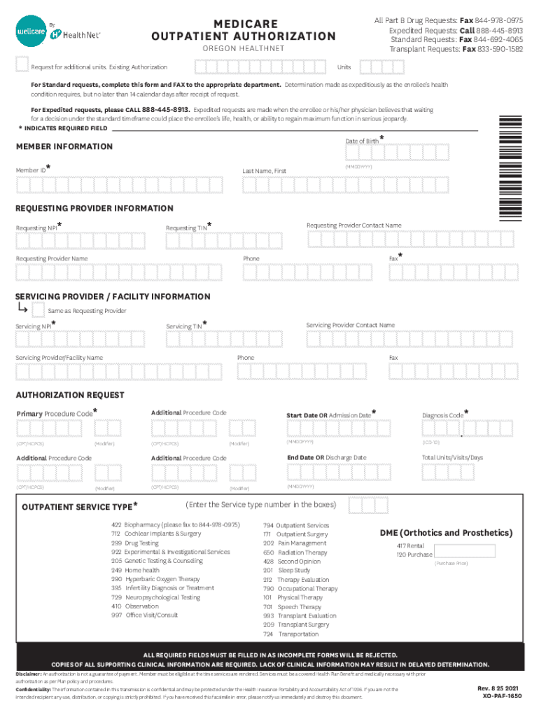 Medicare Prior Authorization Form for Procedures