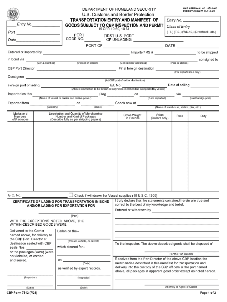 DEPARTMENT of HOMELAND SECURITY S Customs and Bo  Form