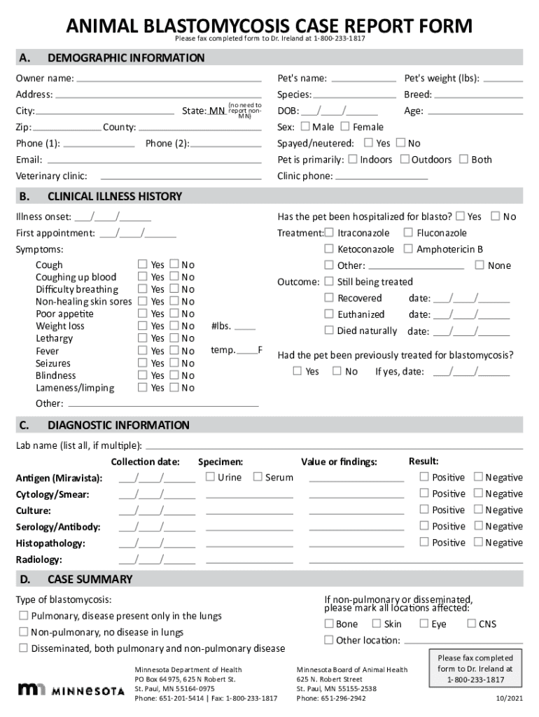  Fillable Online Animal Blastomycosis Case Report Form 2021-2024