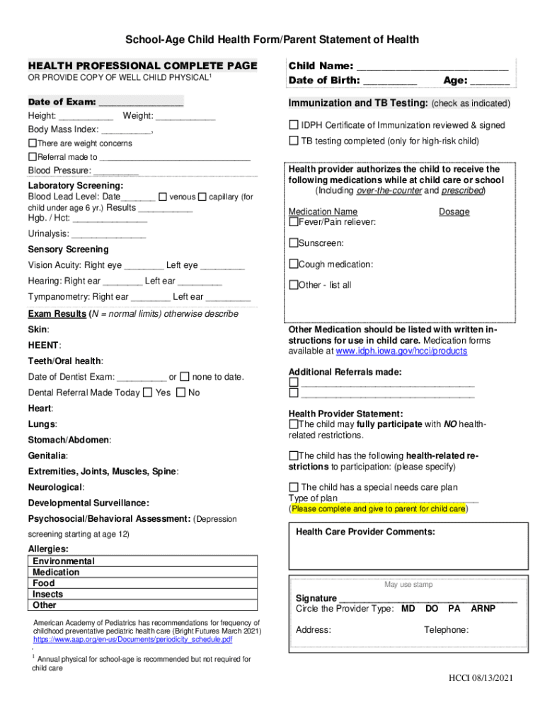  Schoolmate Child Health FormParent Statement of H 2021-2024