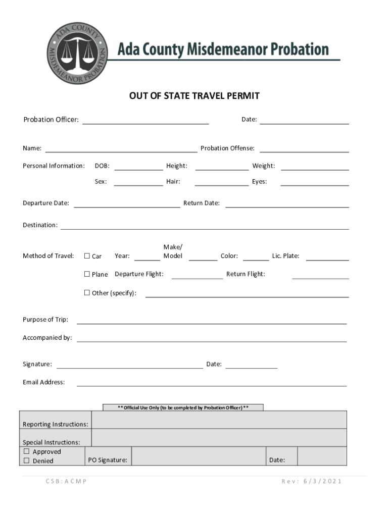 OUT of STATE TRAVEL PERMIT  Form