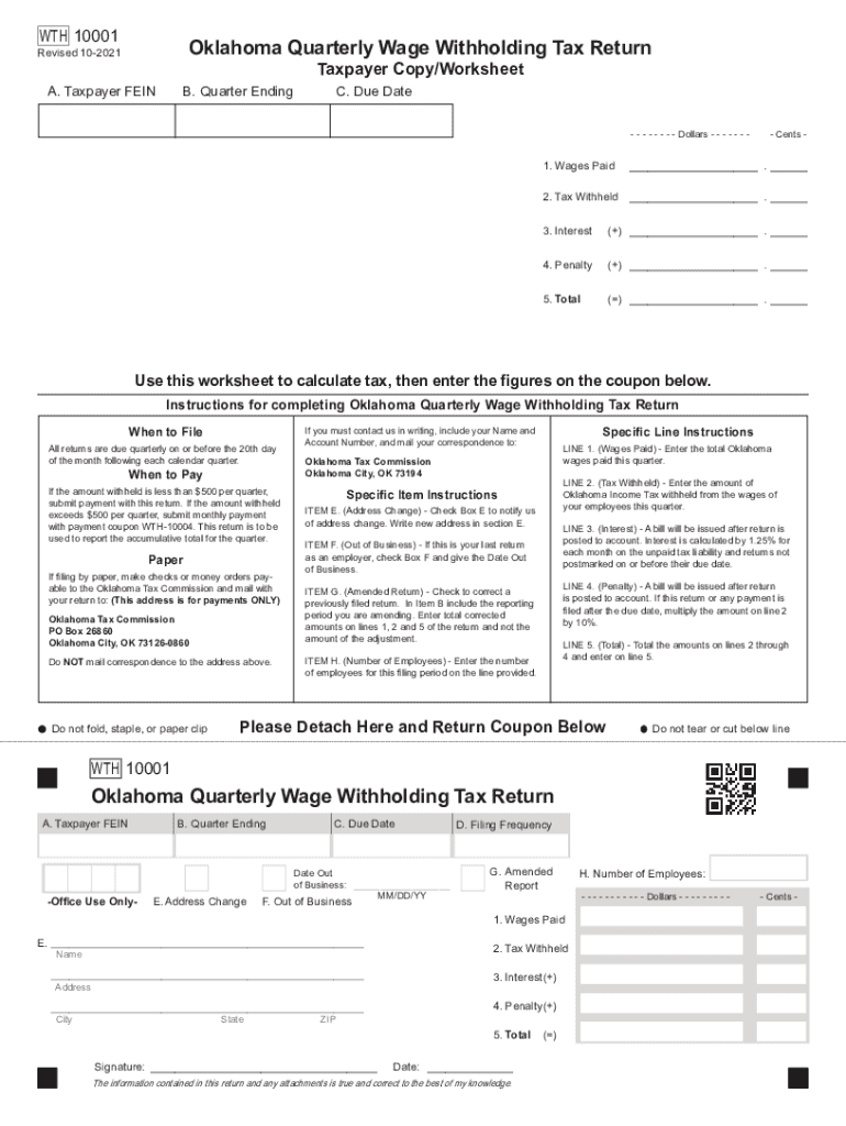  Form WTH 10001 Oklahoma Quarterly Wage Withholding Tax Return 2021-2024