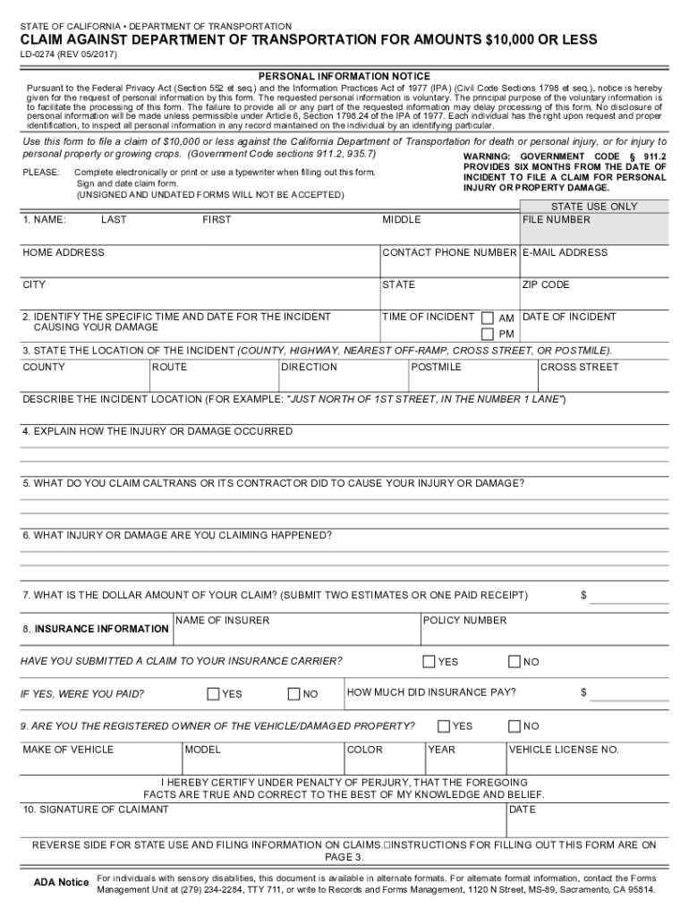  LD 0274 Claim Against Department of Transportation for Amounts 2017-2024