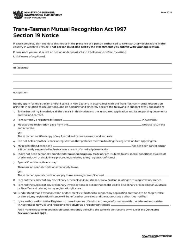 Trans Tasman Mutual Recognition Act Registration and Licence Application  Form