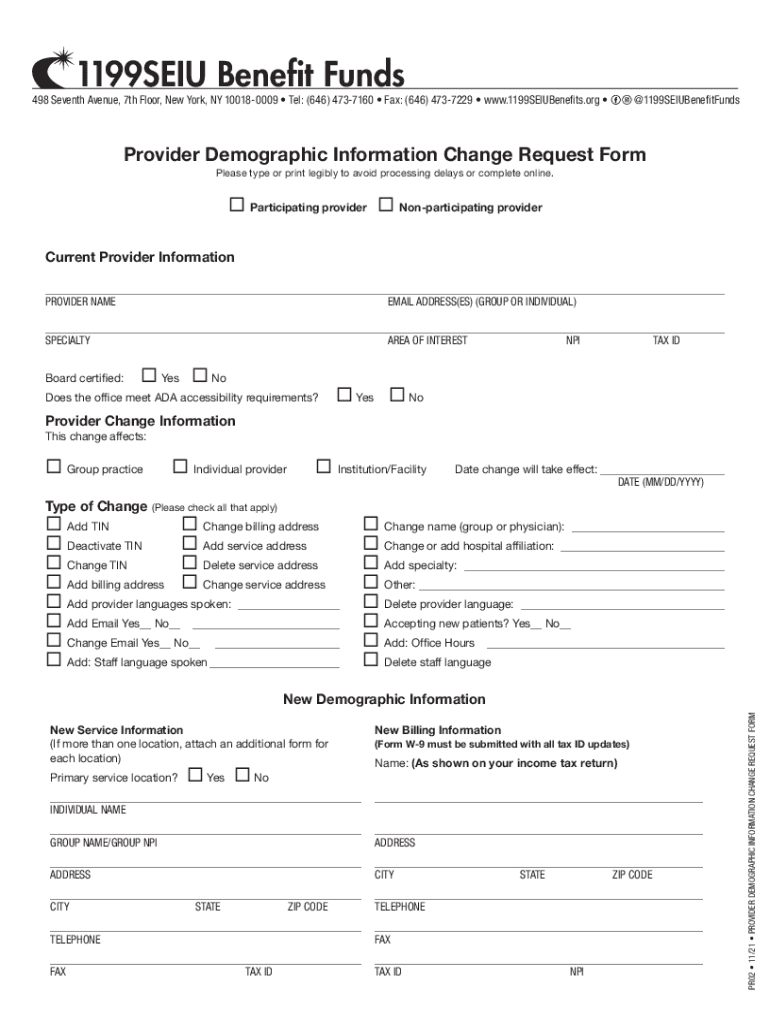  Provider Demographic Information Change Request Form1199SEIU Funds 2021-2024