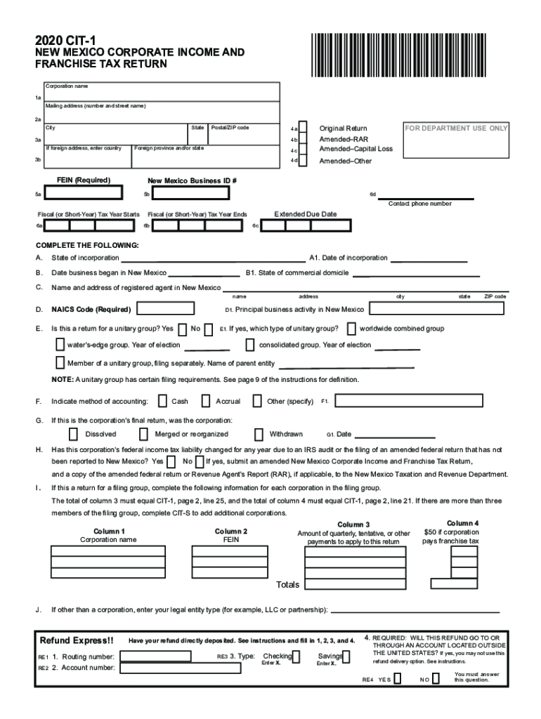 Form Cit 1 New Mexico Corporate Income and Franchise Tax