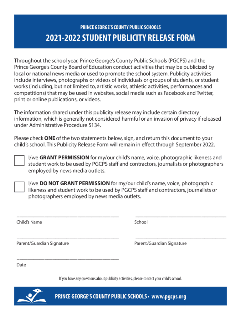 Prince George S County Student Publicity Release Form