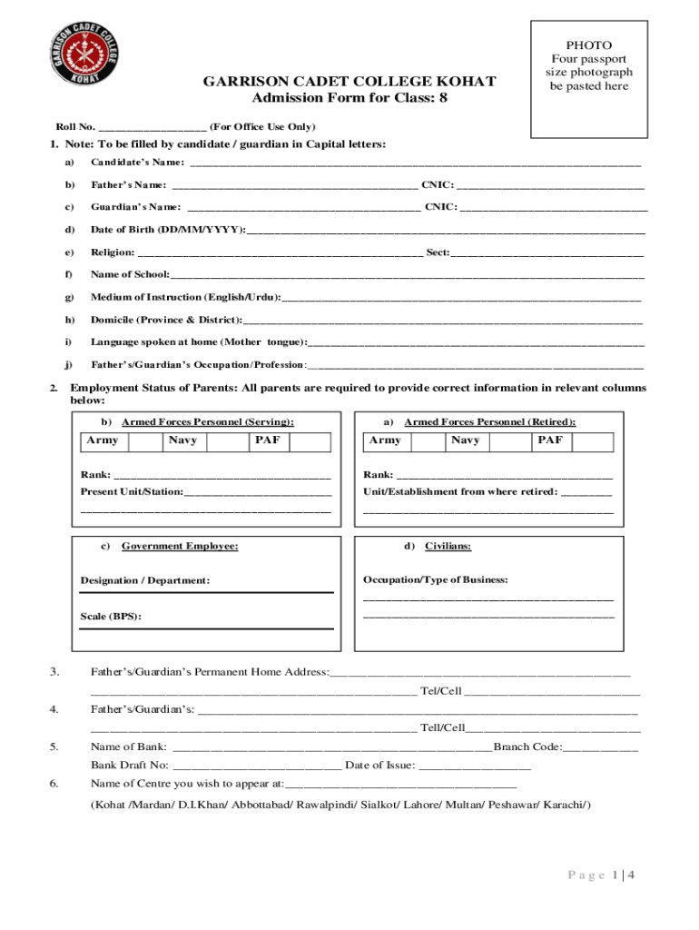 GARRISON CADET COLLEGE KOHAT Admission Form Gcck Edu Pk