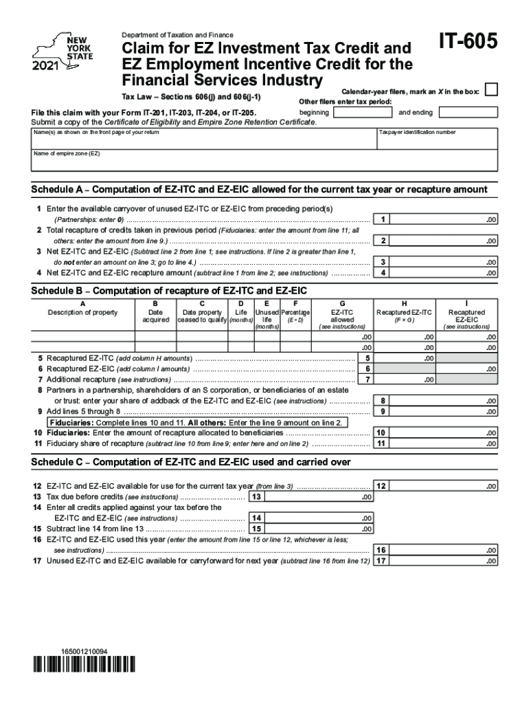  PDF Form it 605 Claim for EZ Investment Tax Credit and EZ Employment 2021
