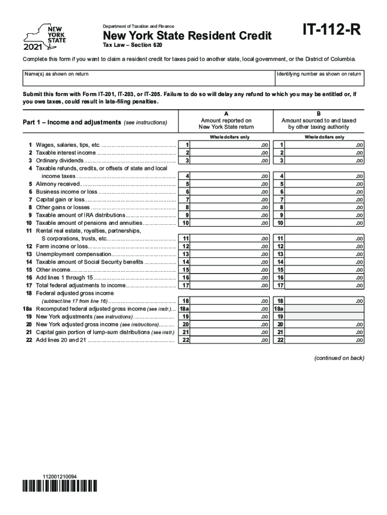  Form it 112 R New York State Resident Credit Tax Year 2021