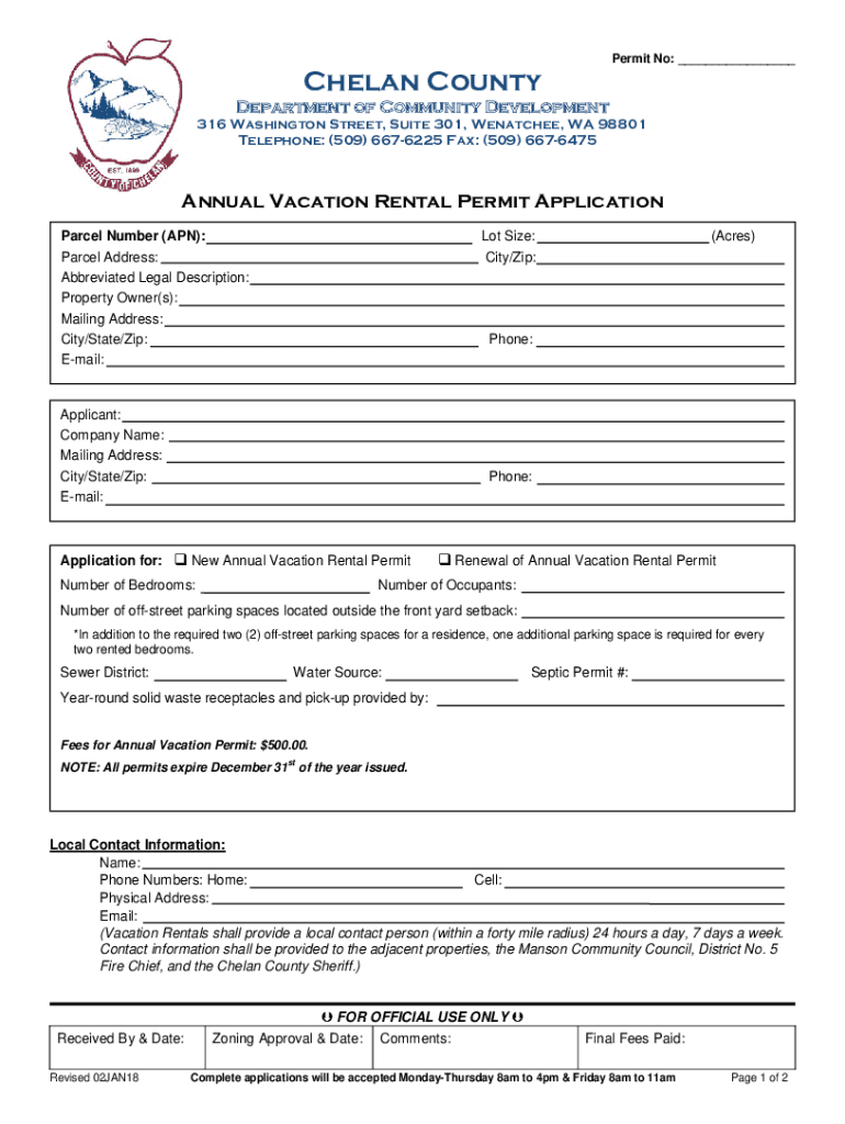  WA Annual Vacation Rental Permit Application Chelan County 2018-2024