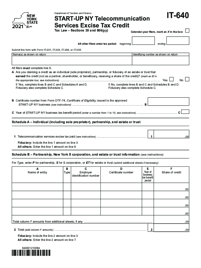  Form it 640 START UP NY Telecommunication Services Excise Tax Credit Tax Year 2021