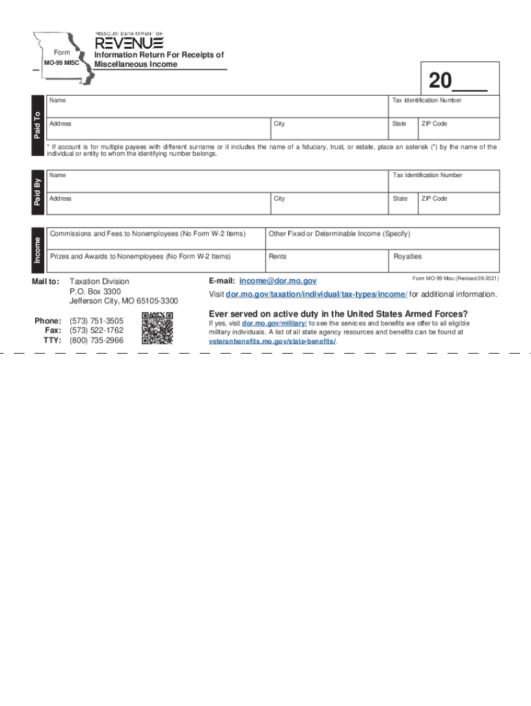  Fillable Form Mo 99 Misc Information Return for Receipts 2021