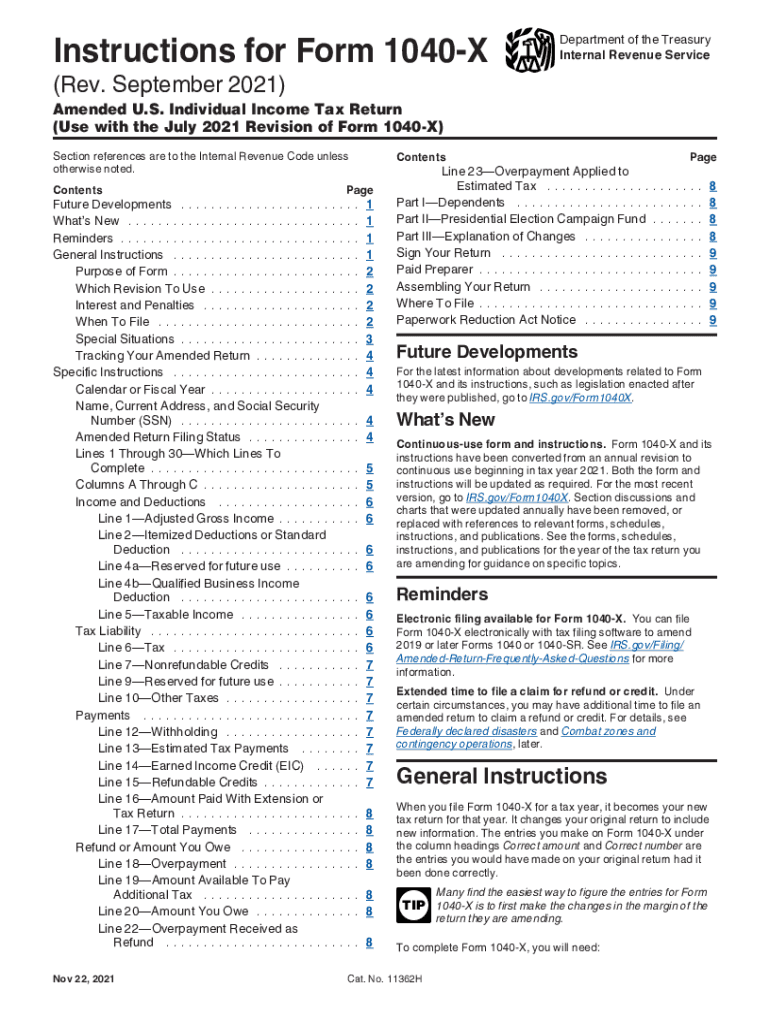  Instructions for Form 1040 X Rev September Instructions for Form 1040 X, Amended U S Individual Income Tax Return Use with the J 2021-2024