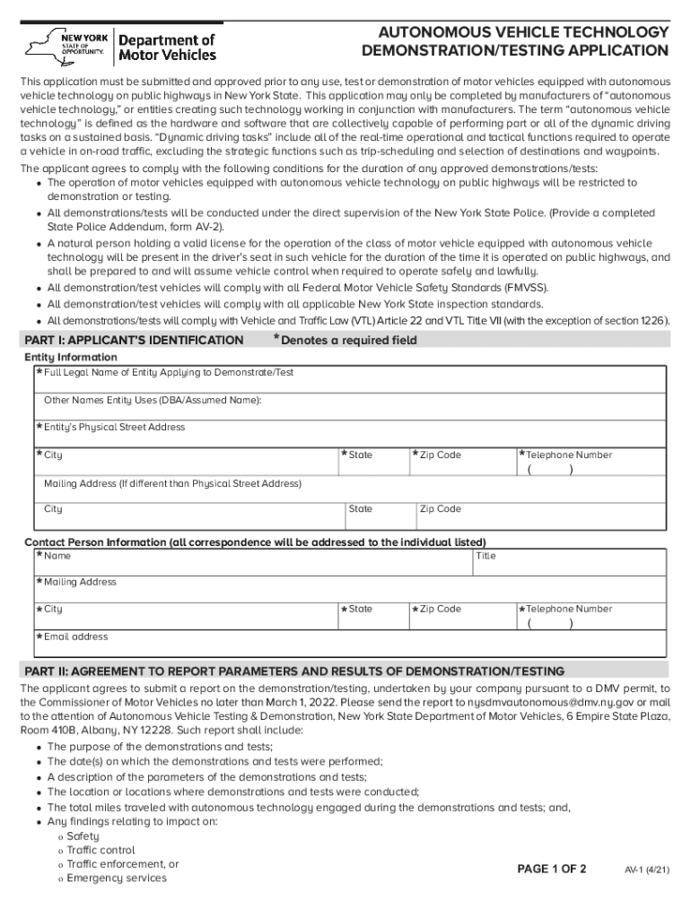 Form AV 1 &amp;quot;Autonomous Vehicle Technology Demonstration
