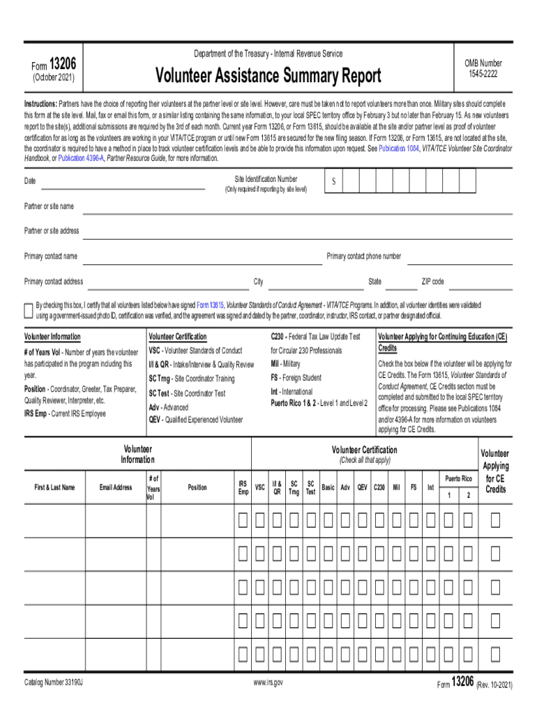  Form 13206 Rev 10 Volunteer Assistance Summary Report 2021