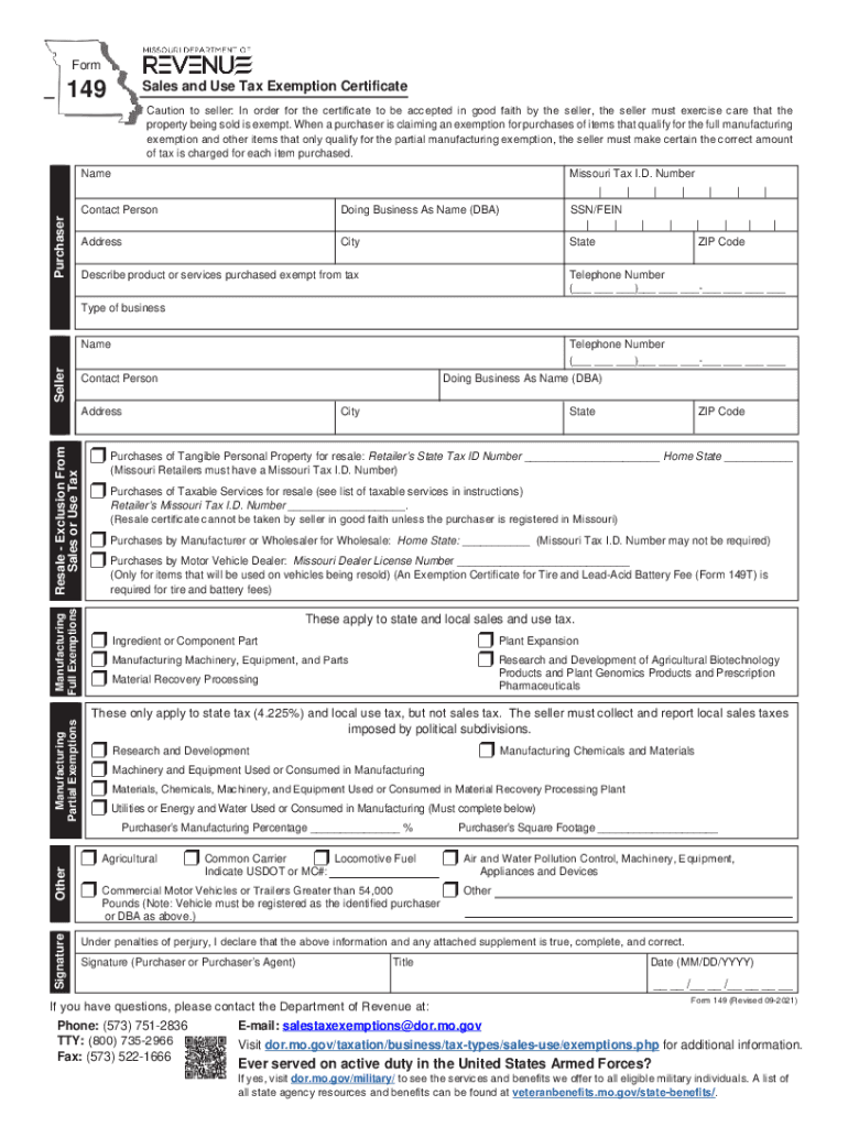  Dor Mo Govforms149149 Sales and Use Tax Exemption Certificate 2021