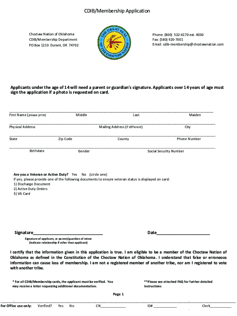 Choctaw Nation Cdib Membership  Form