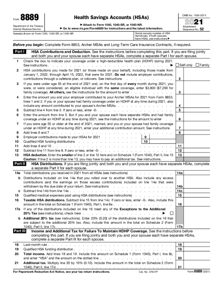 Fillable Online HSAs PDF Form 8889 Department of the