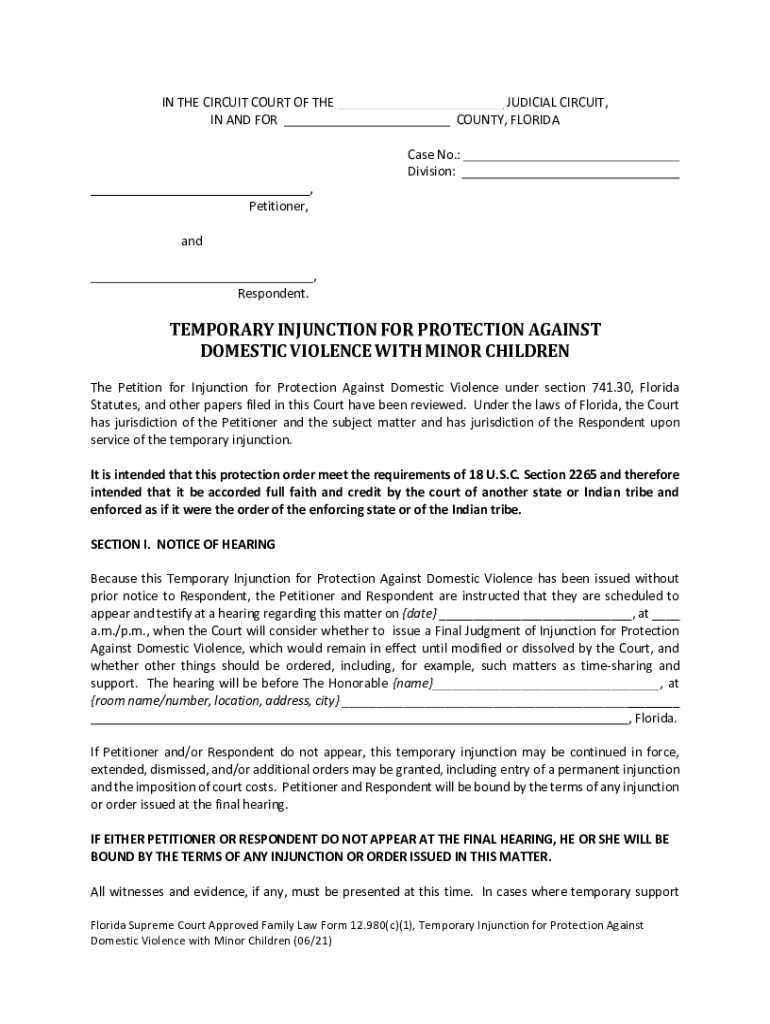  TEMPORARY INJUNCTION for PROTECTION AGAINST DOMESTIC VIOLENCEWITH MINOR CHILDREN Family Law Forms 2021-2024