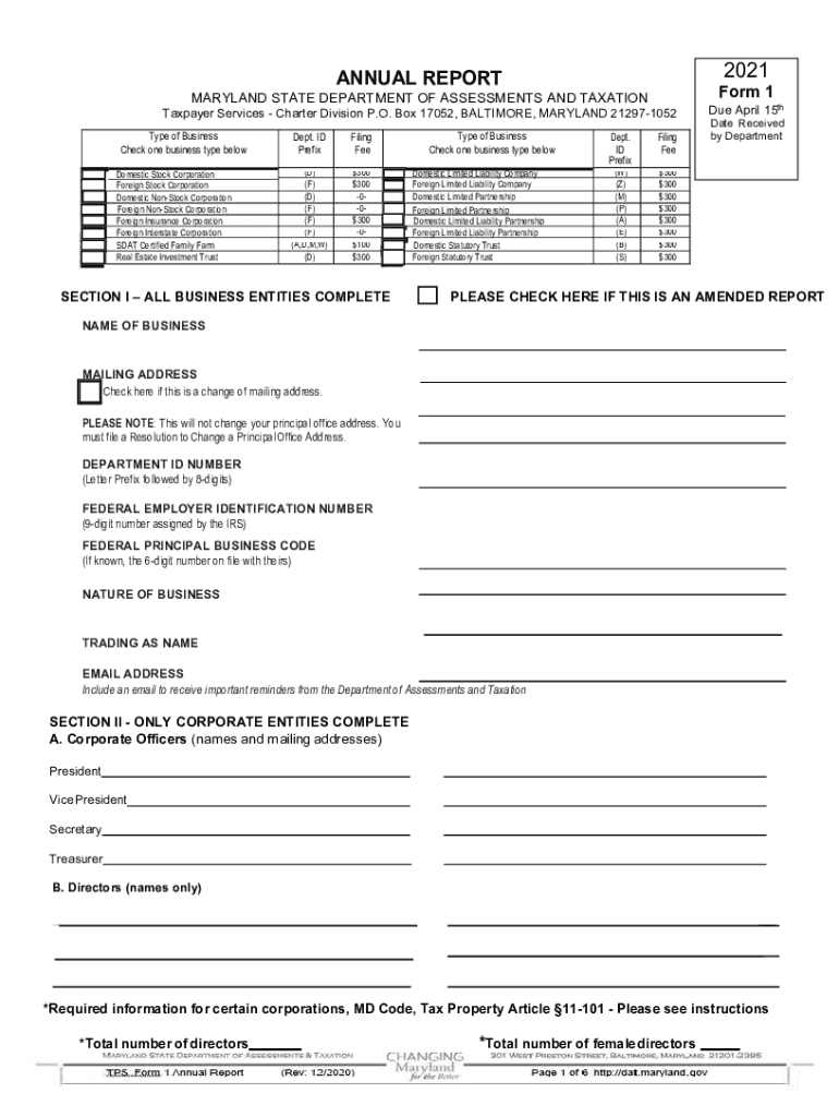  Fillable Online Form 1 Annual Report &amp;amp;amp; Personal 2021