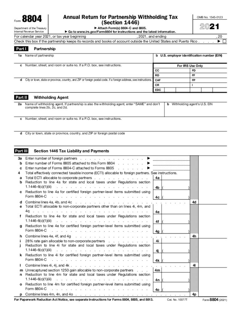  Form 8804 Department of the Treasury Internal Revenue 2021