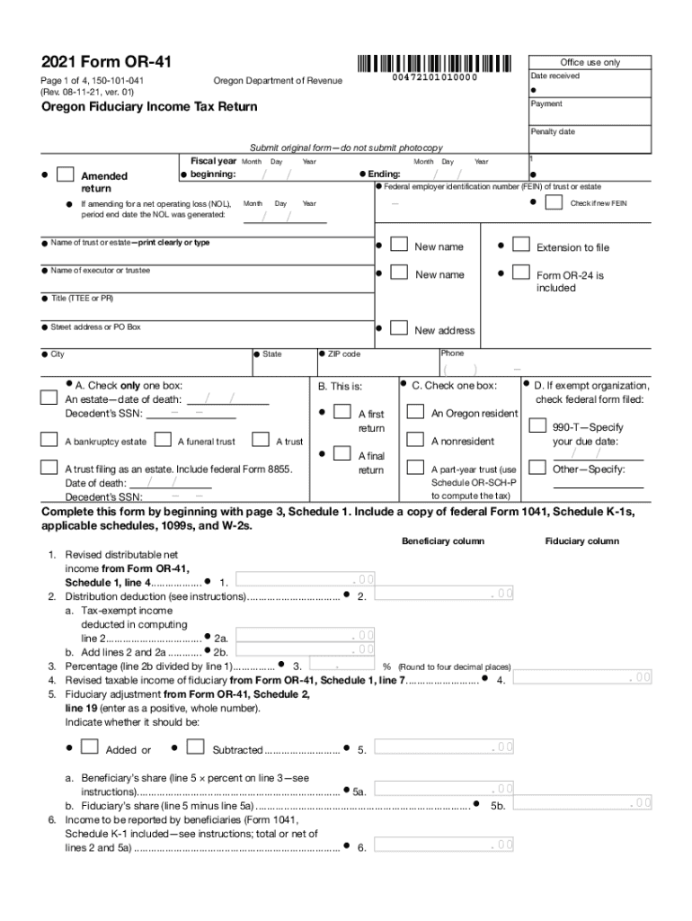  Form or 41, Oregon Fiduciary Income Tax Return, 150 101 041 2021