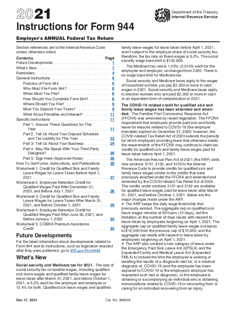  Instructions for Form 944 Internal Revenue Service 2021