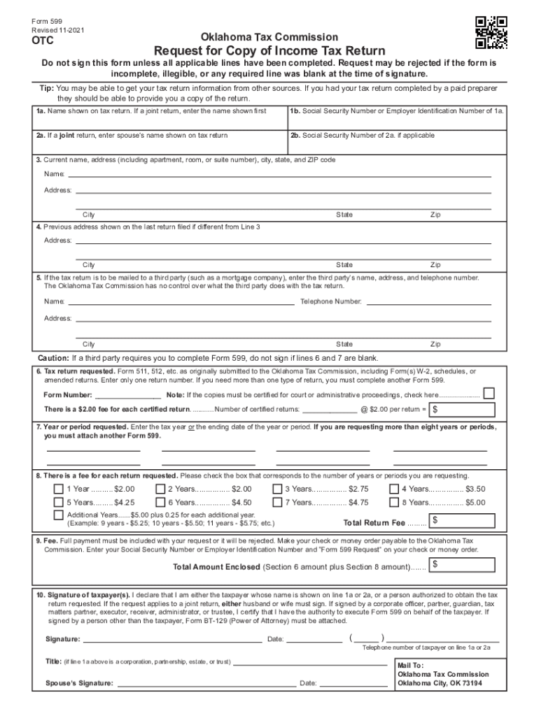  Fillable Form 599 Request for Copy of Income Tax Return 2021-2024