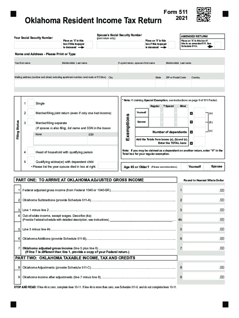  Instructions for Completing the Form 511 Oklahoma Resident Income Tax Return 2021