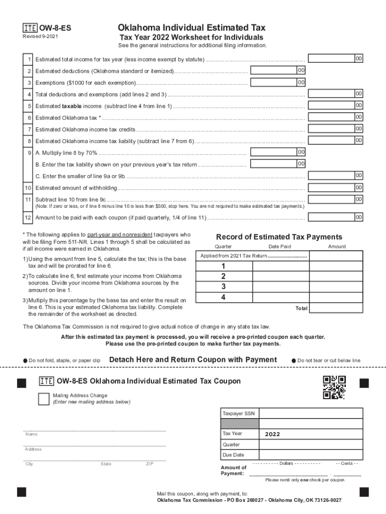  2022 Form OW 8 ES Oklahoma Individual Estimated Tax Year Worksheet for Individuals 2022
