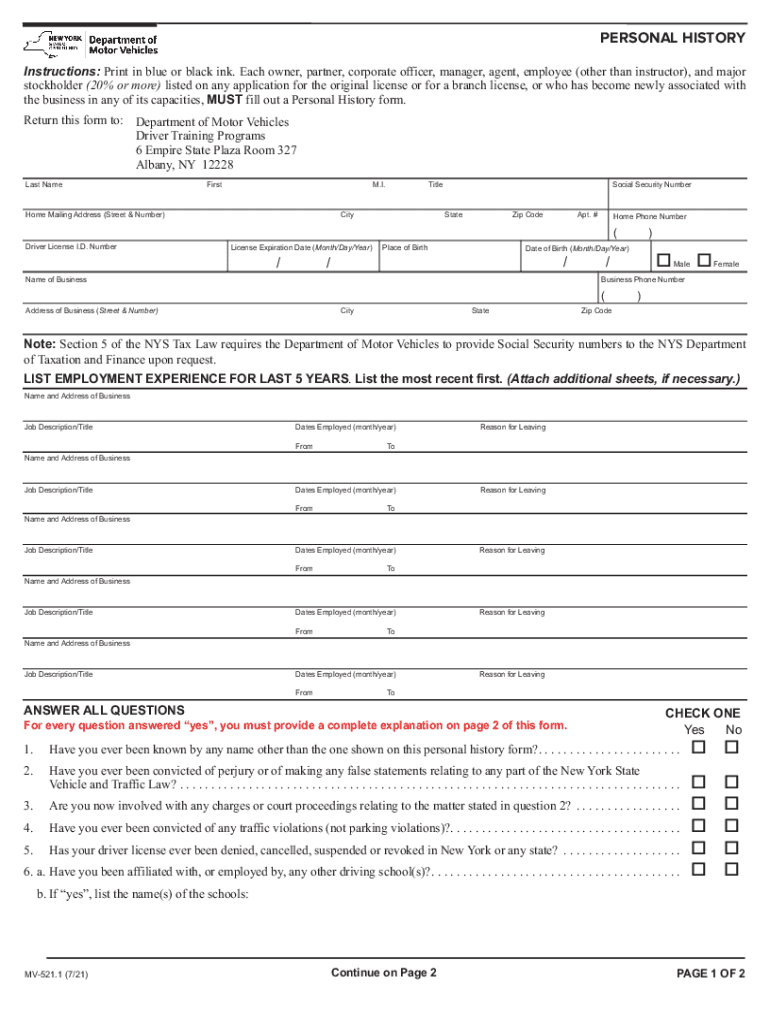 Handypdf Compdfform Mv 521 1 Personal HistoryForm MV 521 1 Personal History New York Edit, Fill