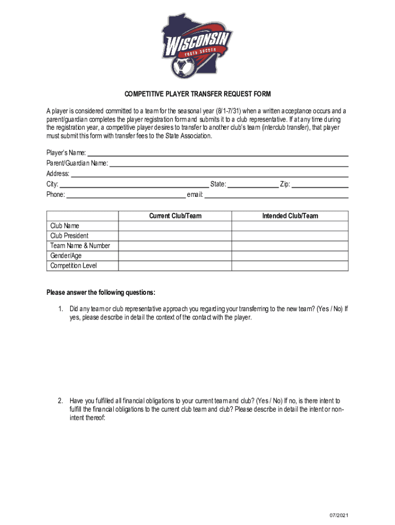 Www Wiyouthsoccer Comassets75Competitive Player Transfer Request Form 2021-2024
