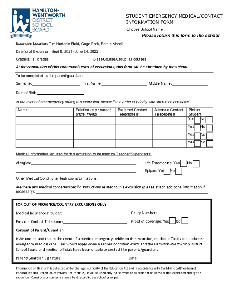  STUDENT EMERGENCY MEDICALCONTACT INFORMATION FORM 2021-2024