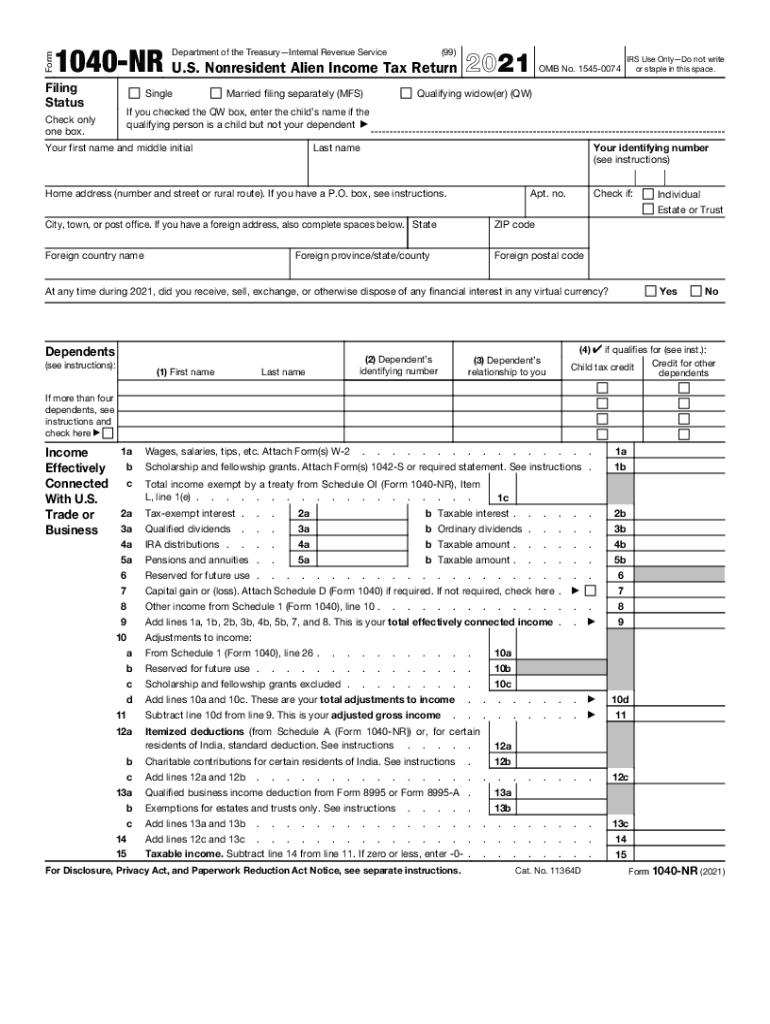  US Nonresident Alien Income Tax ReturnForm 1040NRUS Nonresident Alien Income Tax ReturnForm 1040NRAbout Form 1040 NR, U S Nonres 2021